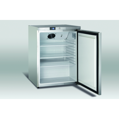 145 literes rozsdamentes hűtőszekrény 3 fehér huzalpolccal, digitális hőfokszabályzóval, ventilációs hűtéssel, zárral és önzáródó ajtóval.
